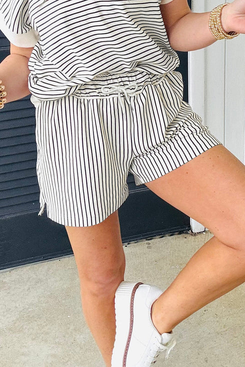 Striped V Neck Contrast Cuff Top And Drawstring Short Lounge Set